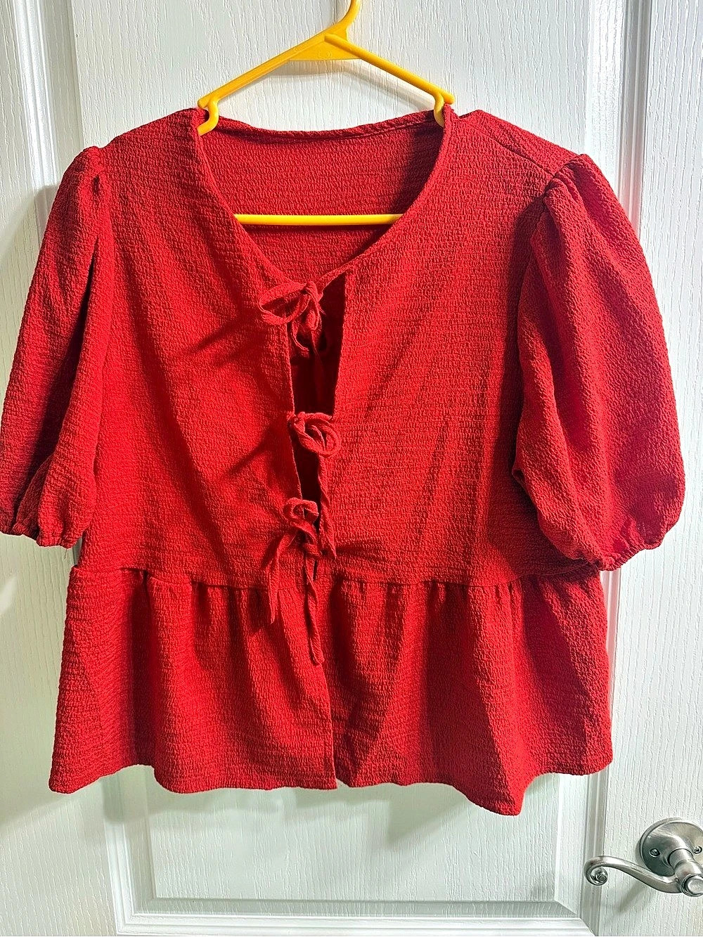 SHEIN Red 3 Tie-Front Puff Sleeve Blouse Size Medium Like New